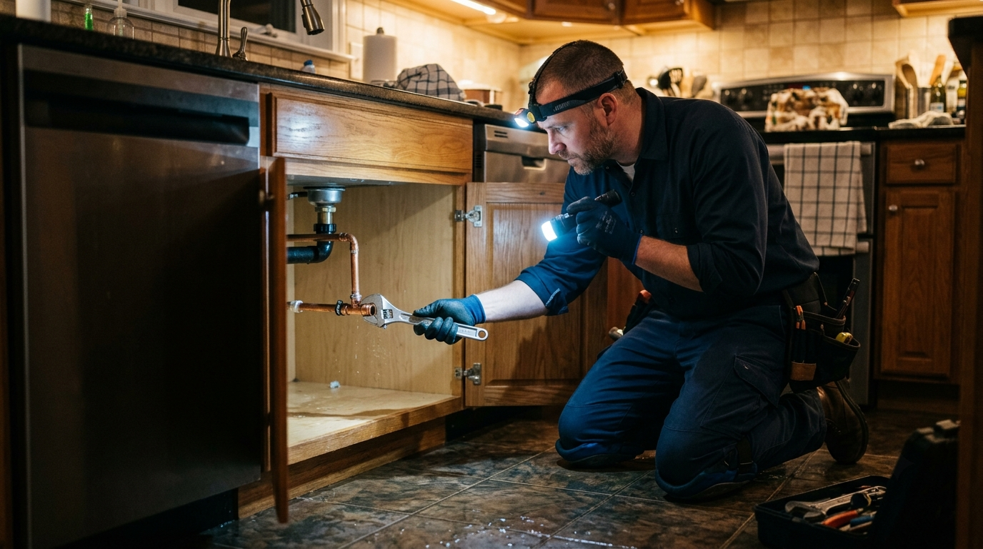 Plumber Fixing a kitchen sink during emergency in waco, tx.