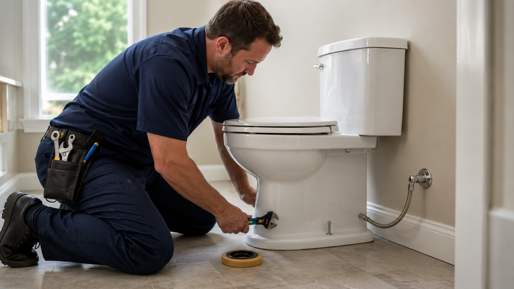 Our techinician installing the new toilet in waco resident home.