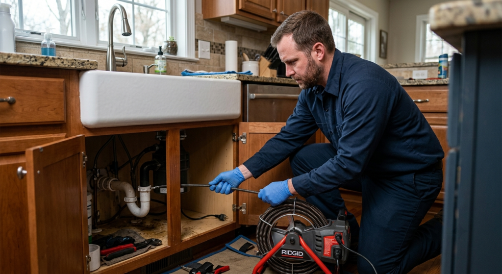Our technician cleaning the khitchen drain in waco resident home.