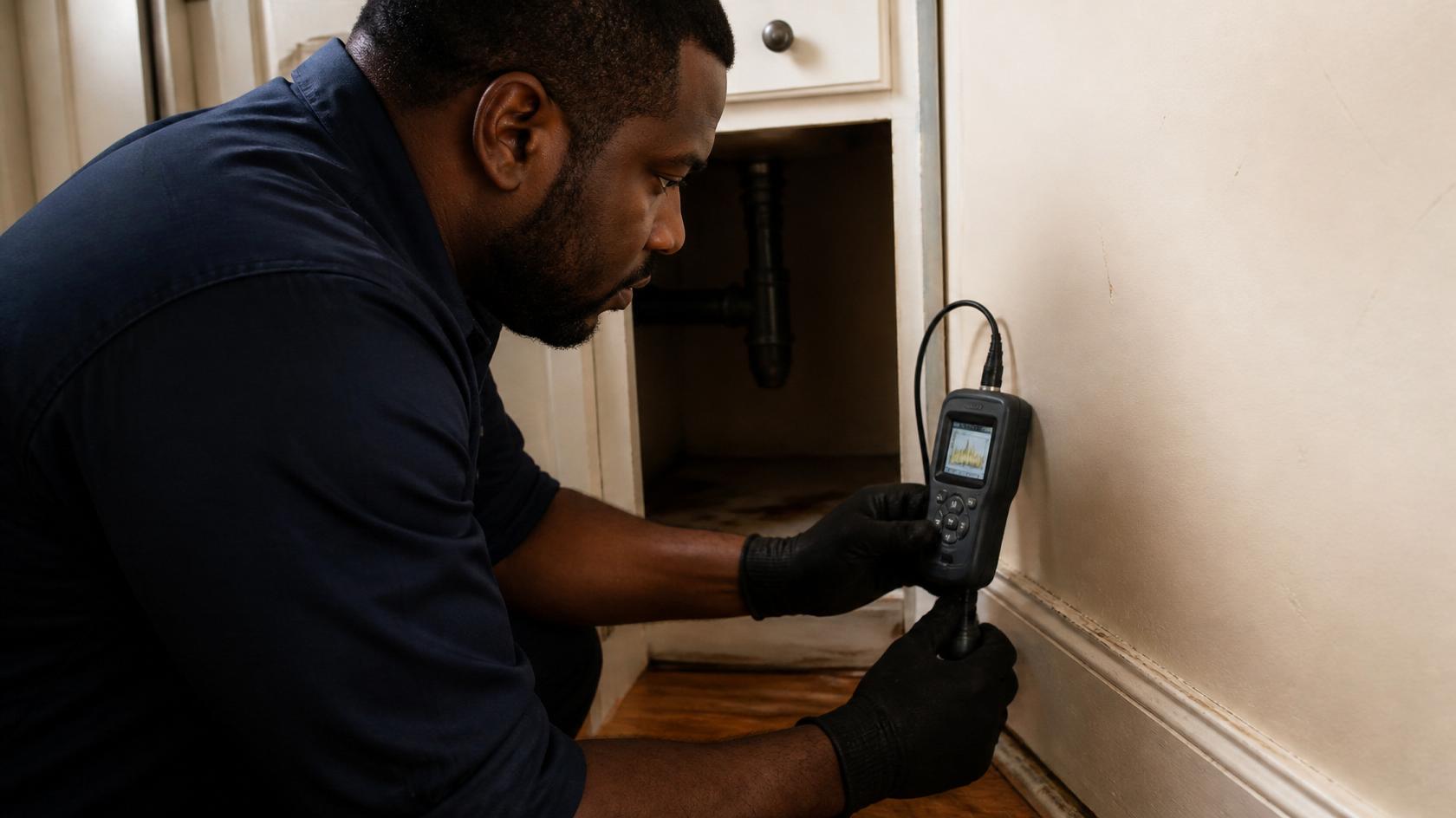 Our plumbing crew member detecting a leak in residential home in waco.
